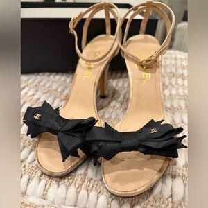 CHANEL Black and Beige Heeled Sandals
